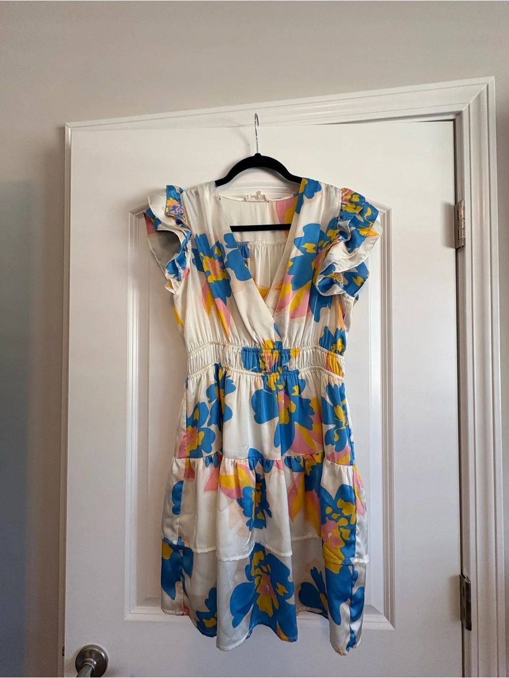 entro Colorblock V-Neck Summer Dress in White, Pink & Yellow